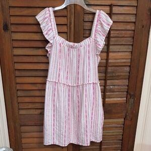 Pink and White Striped Designed Dress w/Pockets, Yellow Accent 55% Linen